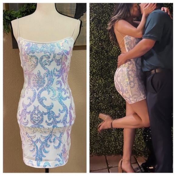 NWOT Lulus Original Sparkle White Iridescent Sequin Backless Mini Dress - Picture 1 of 12